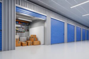Row of modern self-storage units with blue roll-up doors, highlighting improvements and industry standards in the storage sector