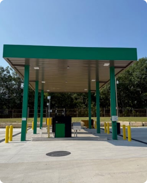 Newly built fueling station canopy with green roof constructed by Heartland Building Group