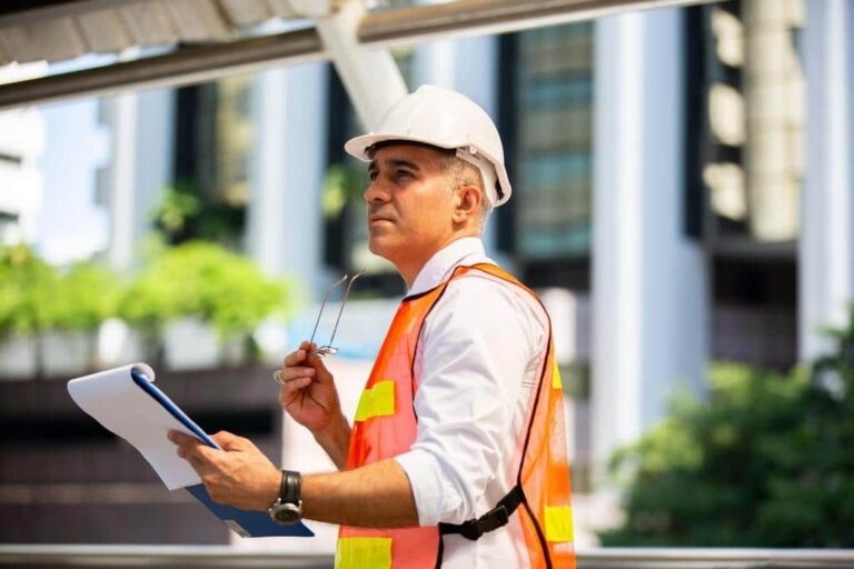 Construction project manager in a safety vest and helmet reviewing plans on-site in an urban commercial environment